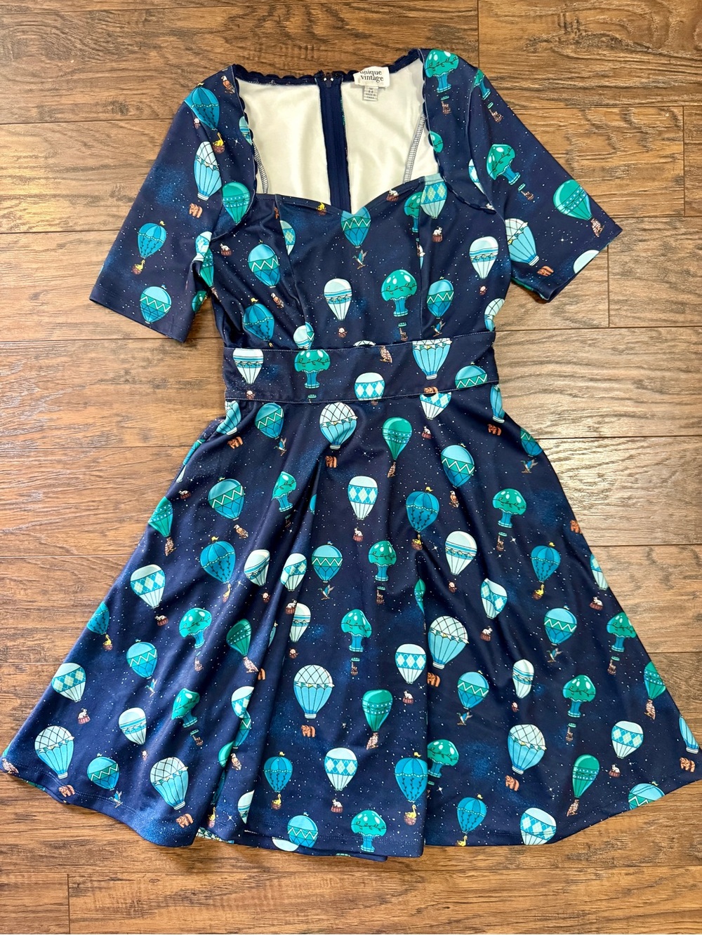 Unique Vintage Navy Hot Air Balloon Flare Dress, medium